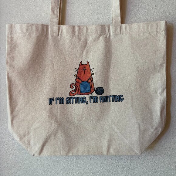 Handbags - Orange Tabby Cat Knitting Canvas Tote Bag Knitters Cat Lady Person Beige Canvas